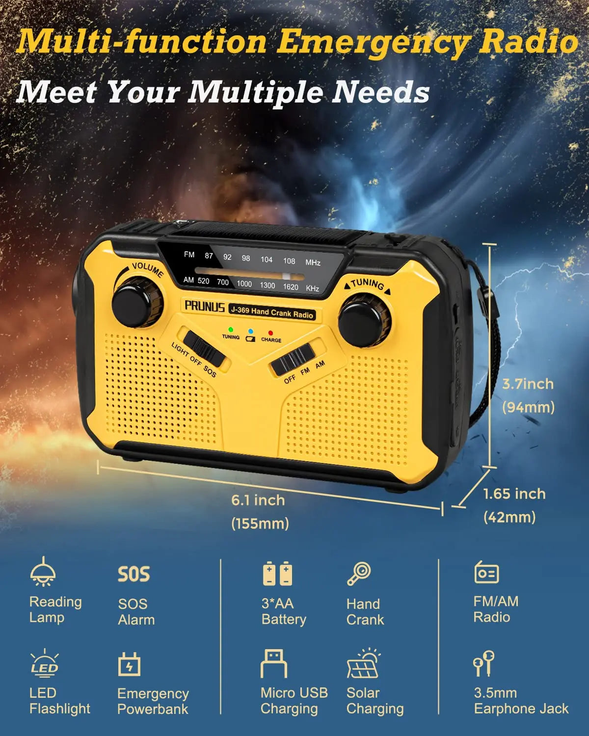 Multifunctionele Noodradio: AM/FM, Zonne-energie, Handdynamo, USB, Oplaadbare Zaklamp, Leeslamp & SOS-Alarm